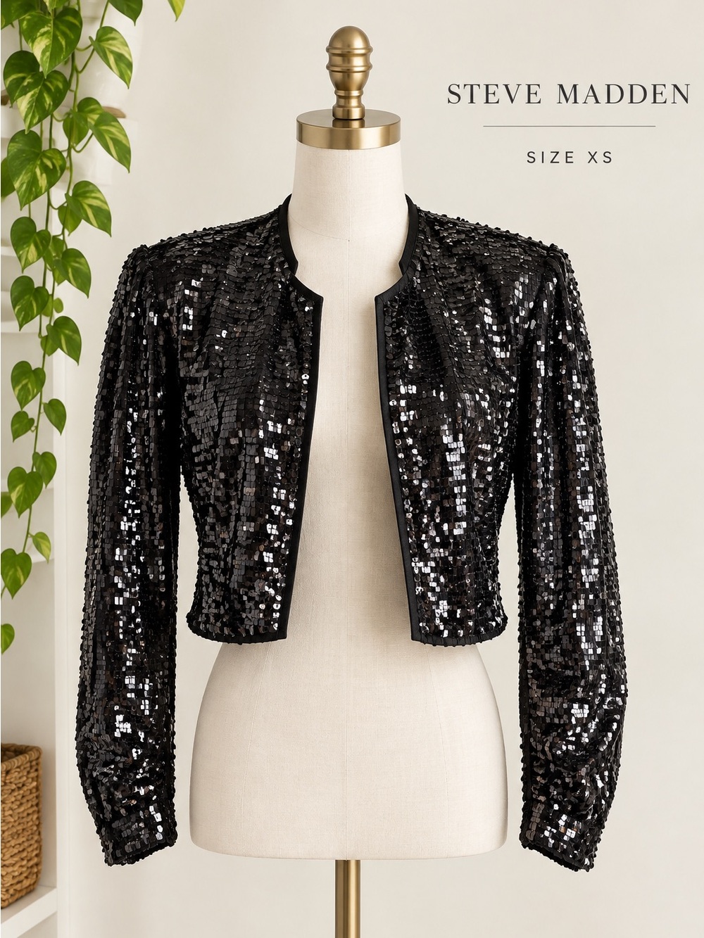 Steve Madden Black Sequin Cropped Blazer XS Evening Glam